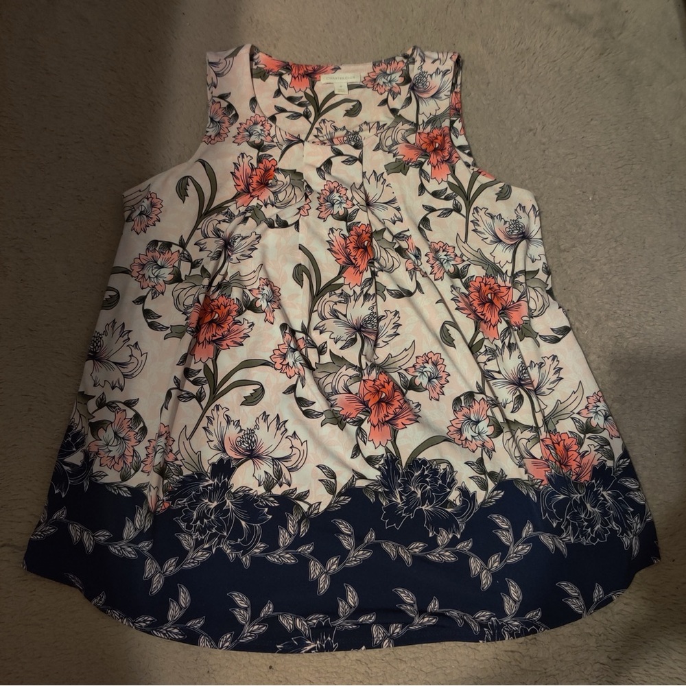 Charter Club Floral Pleated Front Sleeveless Blouse Size Medium Colorblock
